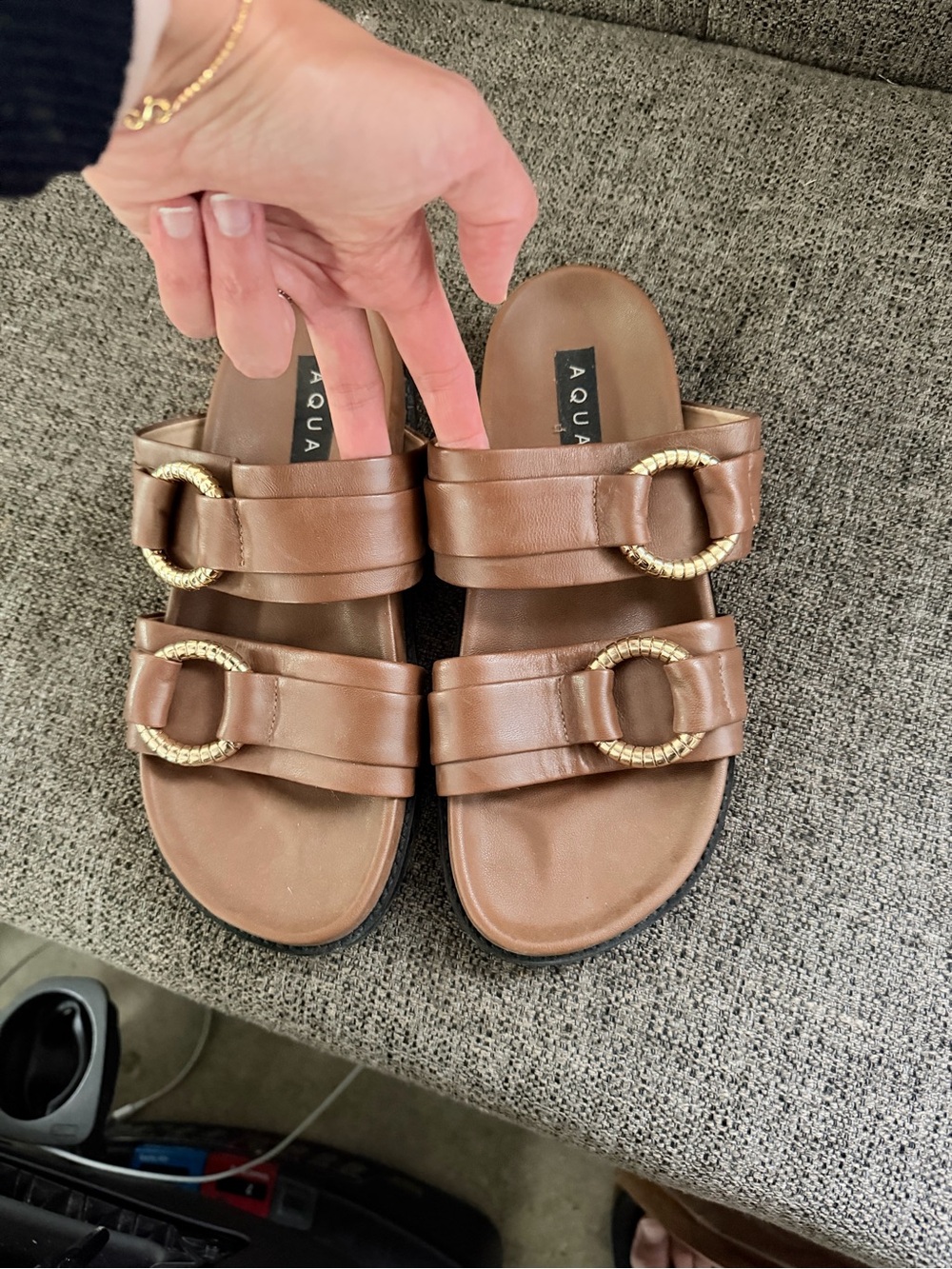 Aqua Brown Double-Strap Slide Sandals with Gold Ring Accents